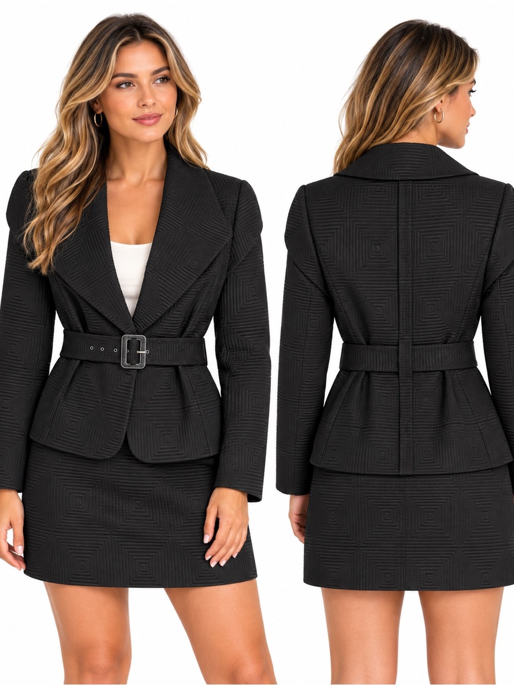 Calvin Klein Size 4 Black Textured Belted Blazer & Mini Skirt Suit Set